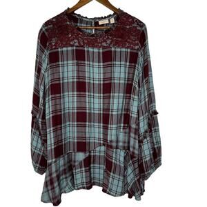 LOGO Lavish Women’s Top Plus 1X Burgundy Plaid Lace Trim Flowy Ruffle Hem Tunic